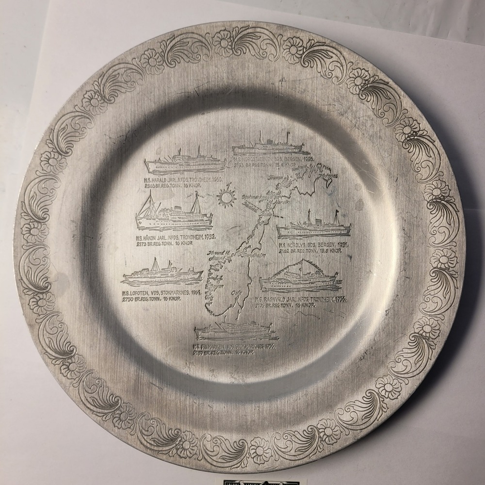 BSB Norway Souvenir Plate Hurtigruten Ships Map Embossed Metal 9.25 Inch